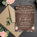 Invitation Éclairage à cordes Eucalyptus & Mariage Floral Bou<br><div class="desc">Une collection élégante avec de beaux bouquets fleuris, du bois rustique et des lampes à cordes jumelées à un script de calligraphie moderne et une police serif classe pour le printemps, l'été ou le mariage de automne. Ce design est orné d'un bouquet de roses et de pivoines roses et bordeaux,...</div>