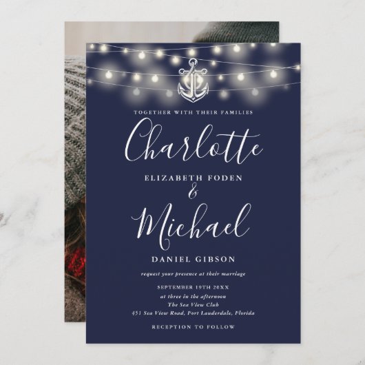 Invitation Éclairage à cordes marines Mariage photo bleu mari (Devant / Derrière)