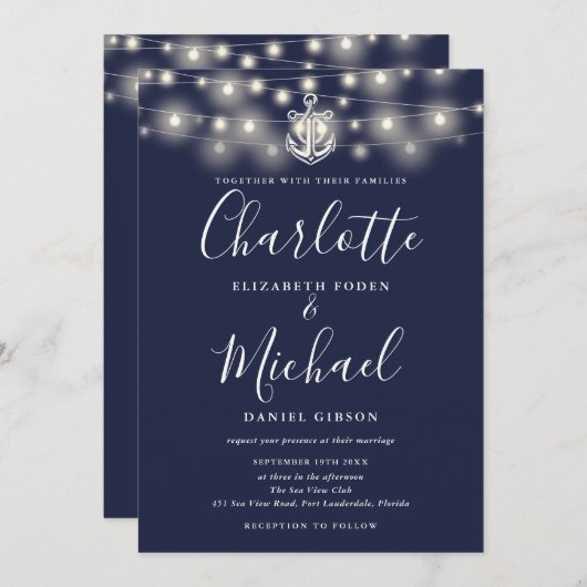 Invitation Éclairage à cordes nautiques Monogramme Mariage bl (Devant / Derrière)