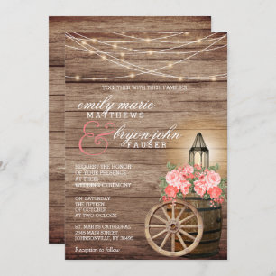 Invitation Éclairage à cordes, tonneau de bois et fleurs de c