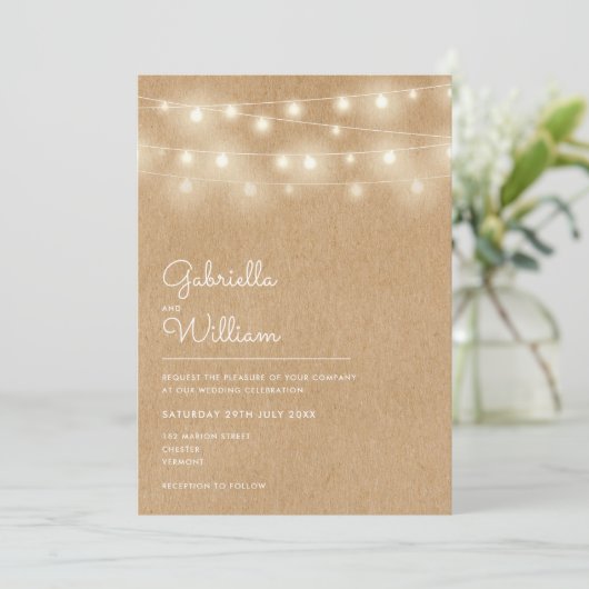 Invitation Éclairage de chaîne Mariage Kraft rustique (Debout devant)