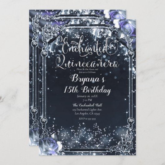 Invitation Éclairage en argent violet Roses Quinceañera (Devant / Derrière)