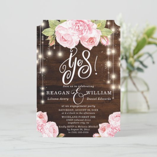 Invitation Éclairages à cordes de bois rustique Fiançailles (Debout devant)