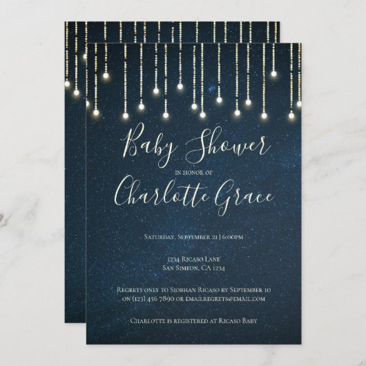 Invitation Éclairages à cordes sur le Baby shower Sky étoilé (Devant / Derrière)