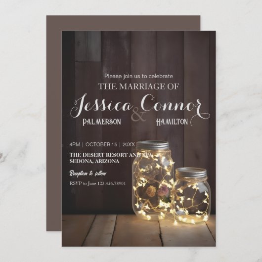 Invitation Éclairages de bocal en bois rustique neutre Mariag (Devant / Derrière)