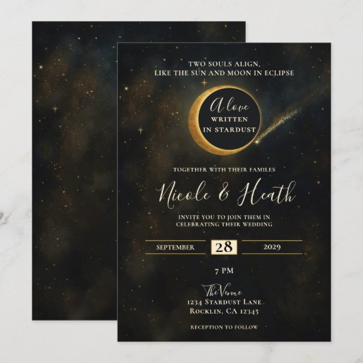 Invitation Éclipse de poussière d'étoile dorée Mariage célest (Devant / Derrière)