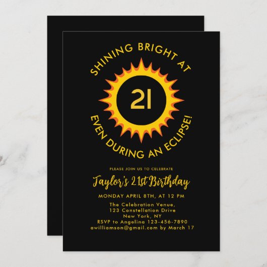 Invitation Éclipse solaire 29 mars 2025 | Fête du 21e anniver (Devant / Derrière)