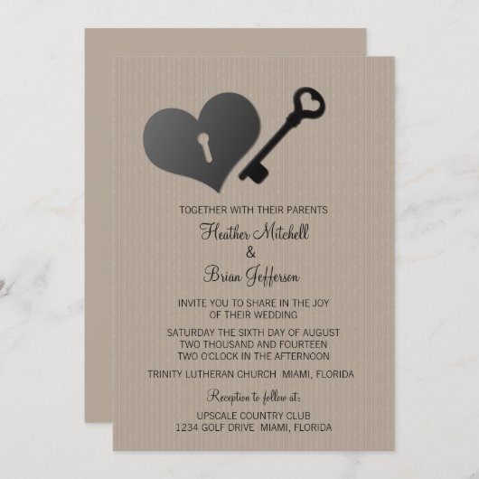 Invitation Écluse de coeur beige et mariage clé (Devant / Derrière)