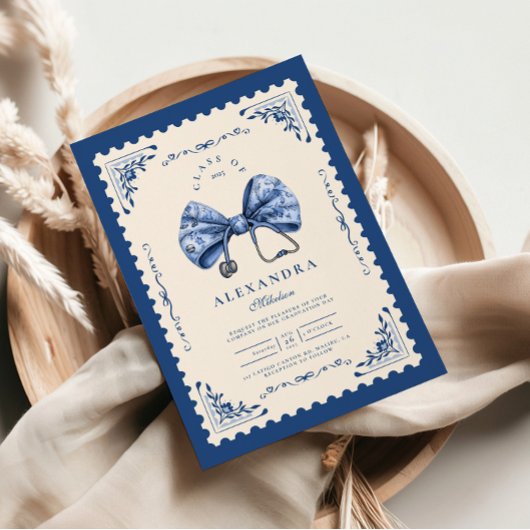 Invitation École de soins infirmiers Blue Toile Bow Graduate