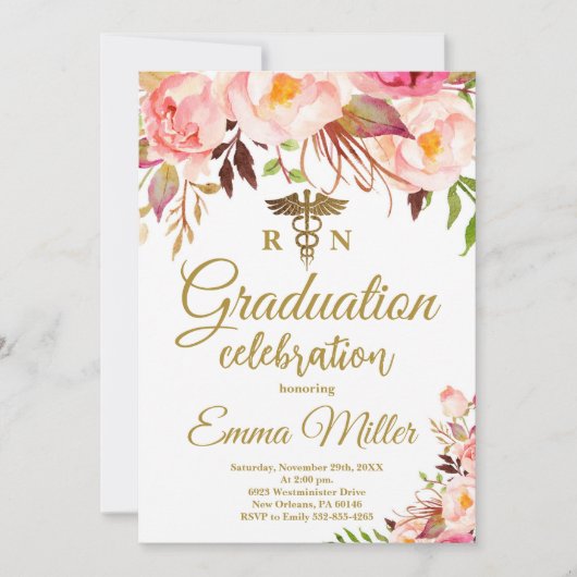 Invitation École de soins infirmiers Boho Floral et Gold Grad (Devant)