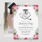 Invitation École de soins infirmiers rose Floral Diplôme de p (Devant / Derrière)