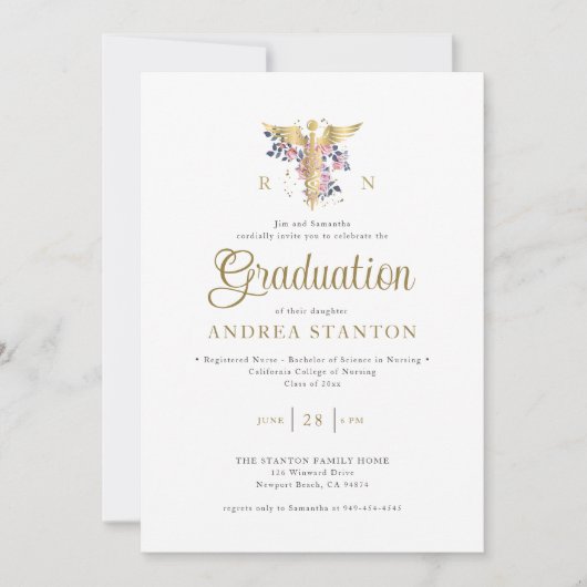 Invitation Ecole d'infirmière Caduceum Rose Chic Moderne (Devant)