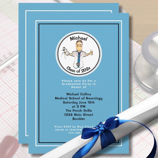 Invitation École Médicale drôle pour lui Bleu Graduation