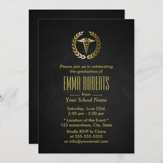 Invitation École Médicale ou de soins infirmiers Noir et or G (Devant / Derrière)