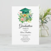 Invitation Ecole secondaire Green Graduation Cap Floral (Debout devant)