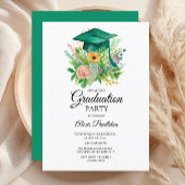 Invitation Ecole secondaire Green Graduation Cap Floral