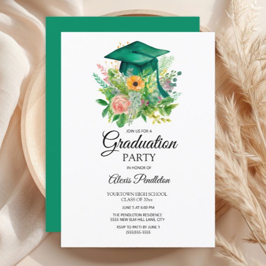 Invitation Ecole secondaire Green Graduation Cap Floral