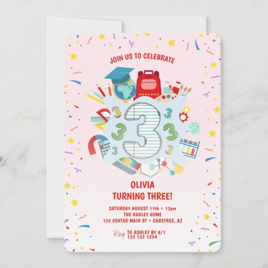 Invitation École thème rose 3e fête d'anniversaire (Devant)