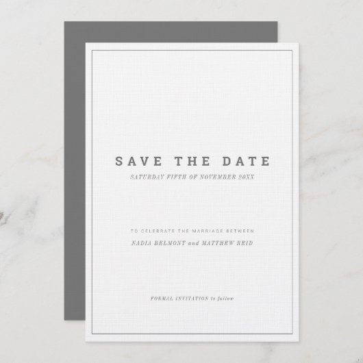 Invitation Économique gris blanc mariage vertical save the da (Devant / Derrière)