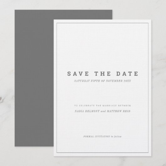 Invitation Économiser la date du mariage vertical minimal gri (Devant / Derrière)