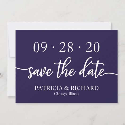 Invitation Économisez la date de mariage chic script bleu mar (Devant)