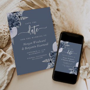 Invitation Économisez la date de mariage Floral Bleu Poussiér