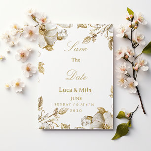 Invitation Économisez la date florale blanche et or de luxe