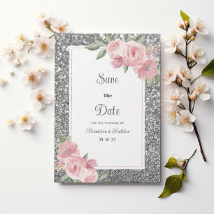 Invitation Économisez la date florale rose pailleté argenté