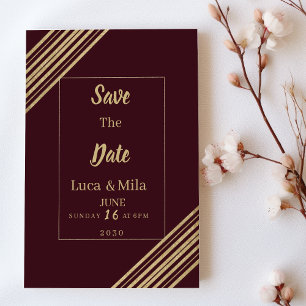 Invitation Économisez la date typo géométrique bordeaux or