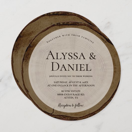 Invitation Écorce en bois Brun profond Mariage rustique rond (Devant / Derrière)