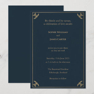 Invitation Écossais Tartan Navy Or Botanical Leaf Corner Nous