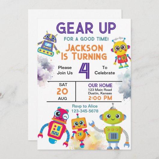 Invitation Écouter le robot fête d'anniversaire (Devant / Derrière)