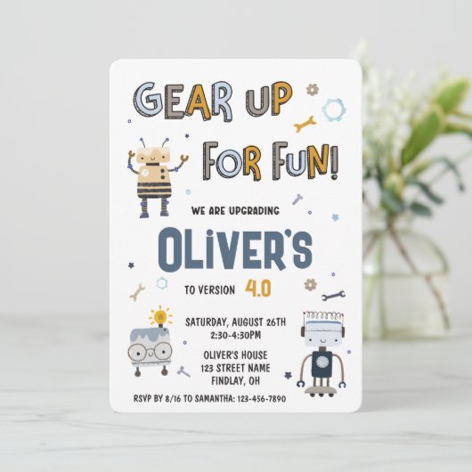 Invitation Écouter Pour Les Robots Amusants Caractères Annive (Debout devant)