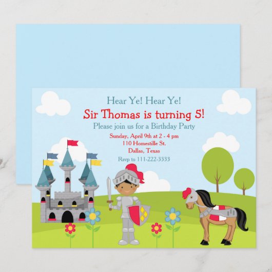 Invitation Ecoutez la fête d'anniversaire de votre chevalier (Devant / Derrière)