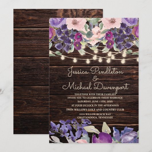 Invitation Écran Rustique Bois Éclairage Violet Rose Floral (Devant / Derrière)