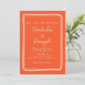 Invitation Écrit à la main Bright Orange Retro Mariage unique (Debout devant)