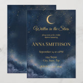 Invitation Écrit dans les Étoiles | Bébé Céleste Bleu Marine (Devant / Derrière)