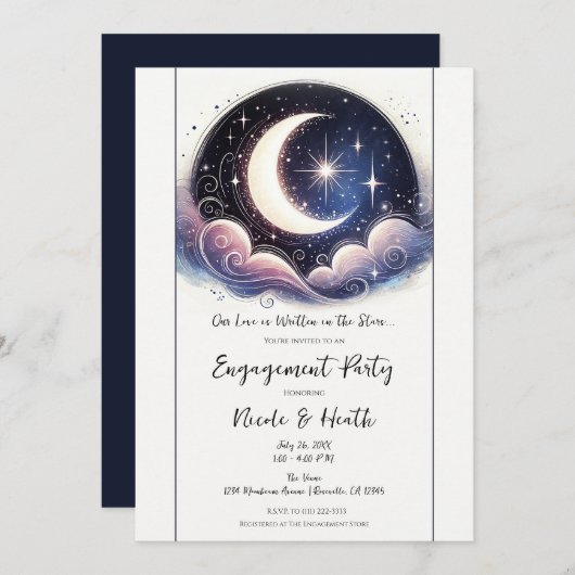 Invitation Écrit dans Stars Watercolor Moon Engagement Party (Devant / Derrière)