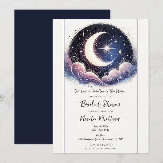 Invitation Écrit dans Stars Watercolor Moon Fête des mariées (Devant / Derrière)