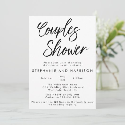 Invitation Écrite à la main minimal QR Code Couples Douche (Debout devant)