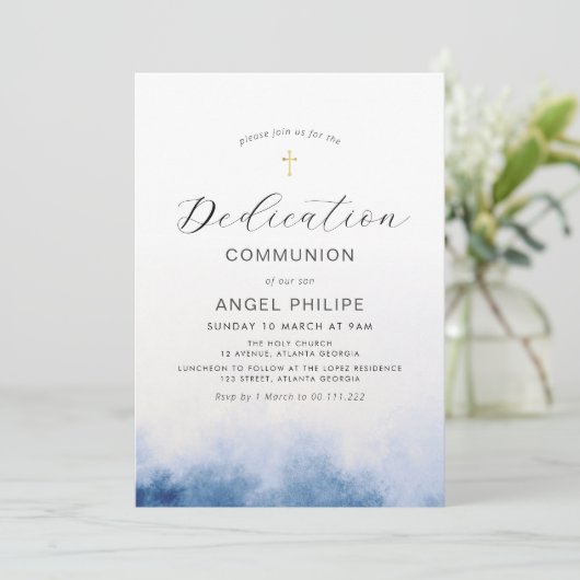 Invitation écriture bleu aquarelle (Debout devant)