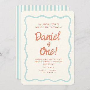 Invitation Écriture bleue Wavy Pastel Baby Premier anniversai