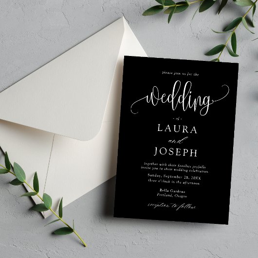 Invitation Écriture Calligraphique Élégante Mariage Noir et B