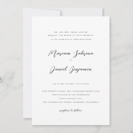 Invitation Écriture Calligraphique Moderne Élégante Mariage B (Devant)