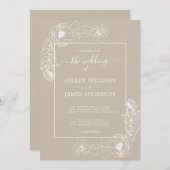 Invitation Écriture chic Blanc Floral Outline Gris Mariage (Devant / Derrière)