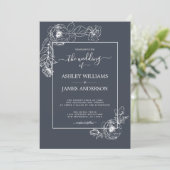 Invitation Écriture Chic Blanc Floral Outline Mariage bleu fo (Debout devant)