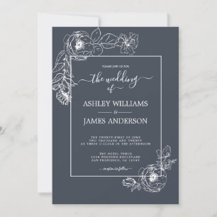 Invitation Écriture Chic Blanc Floral Outline Mariage bleu fo