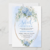 Invitation Écriture Chic Hydrangea Bleue Sweet Sixteen Or (Devant)