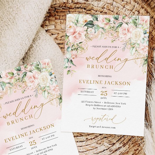 Invitation Écriture chic rose pastel roses sauge brunch maria