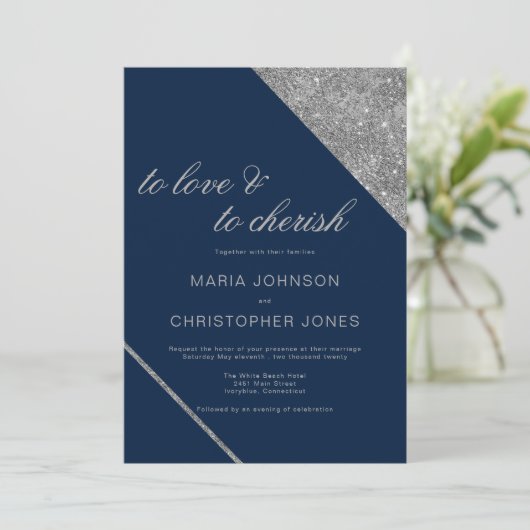 Invitation Écriture classique argent parties scintillant mari (Debout devant)